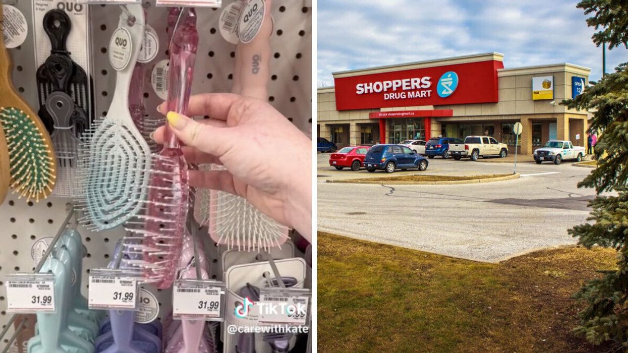 Hair brushes seen in Shoppers Drug Mart. Right: Shoppers Drug Mart exterior. 