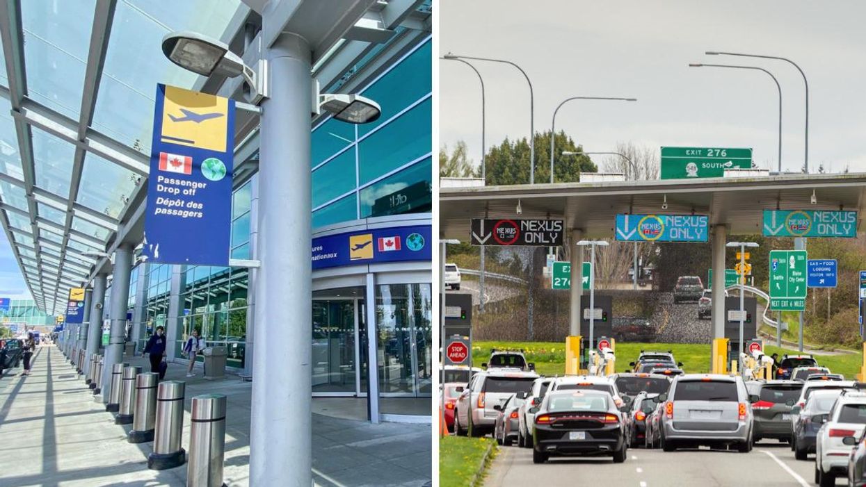 Halifax Airport. Right: Cars line up at the Blaine border.