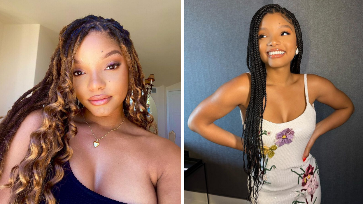 Halle Bailey. Right: Halle Bailey in a white floral-print dress.