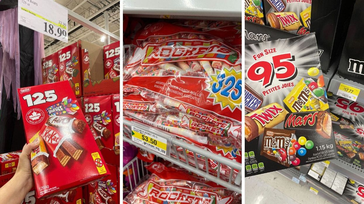 Halloween chocolate at Costco. Centre: Halloween candy at Dollarama. Right: Box of chocolates at Walmart.