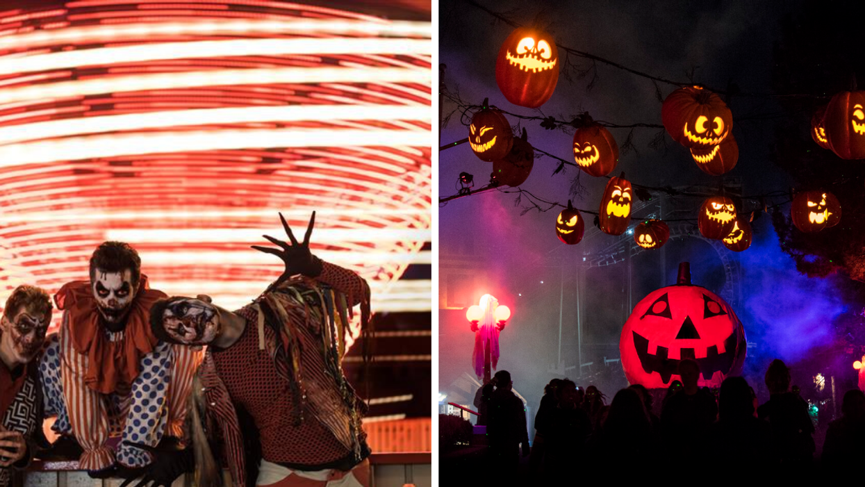 Halloween Haunt actors at Canada's Wonderland. Right: Glowing pumpkins at Wonderland.