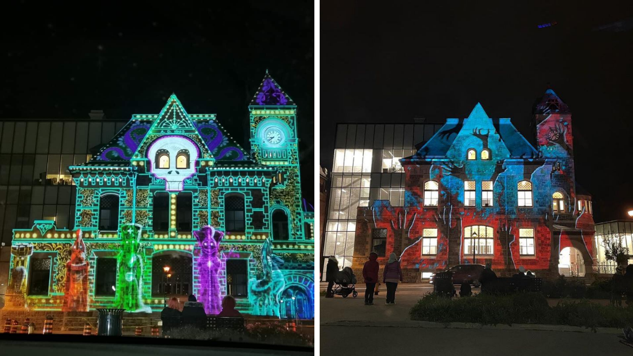 Halloween light show on the Old Post Office. Right: Spooky light projection in Cambridge.