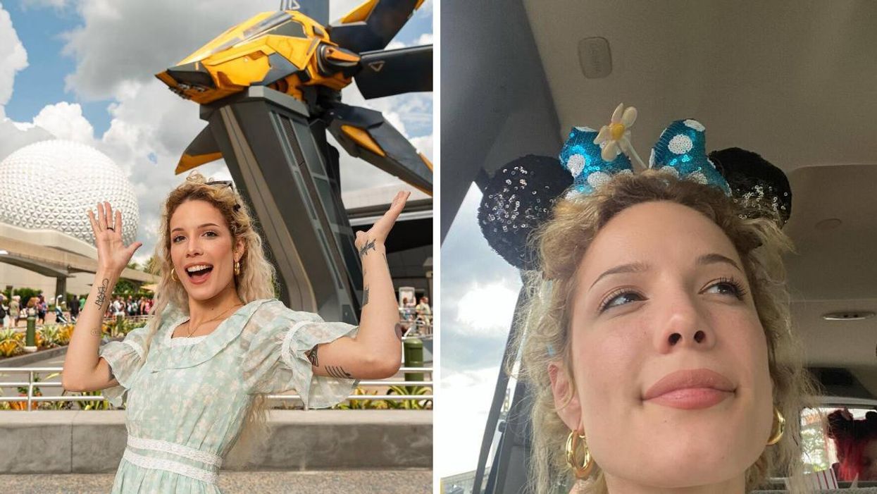 Halsey at Disney World's EPCOT theme park. Right: Halsey wearing a pair of Minnie Mouse ears with a blue bow.