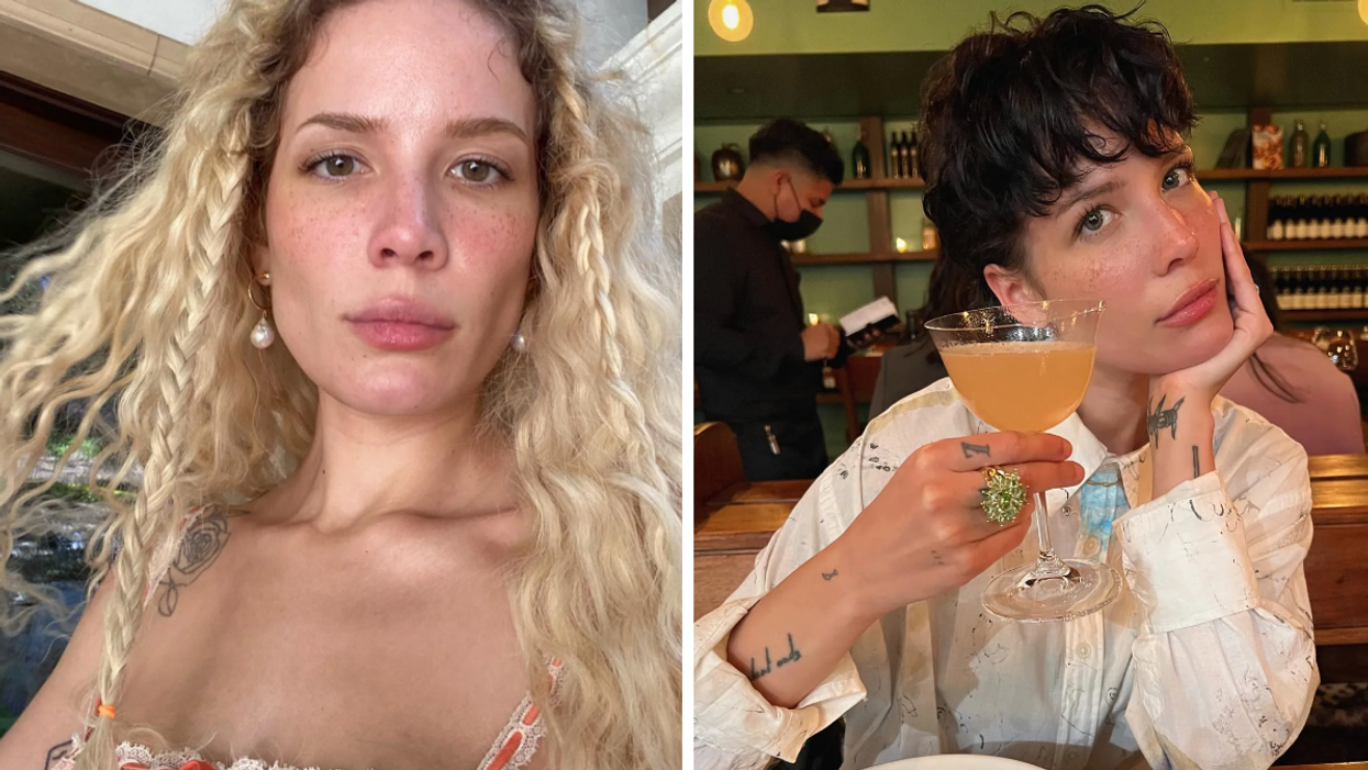 Halsey with blonde hair. Right: Halsey holding up a drink with short brown hair.