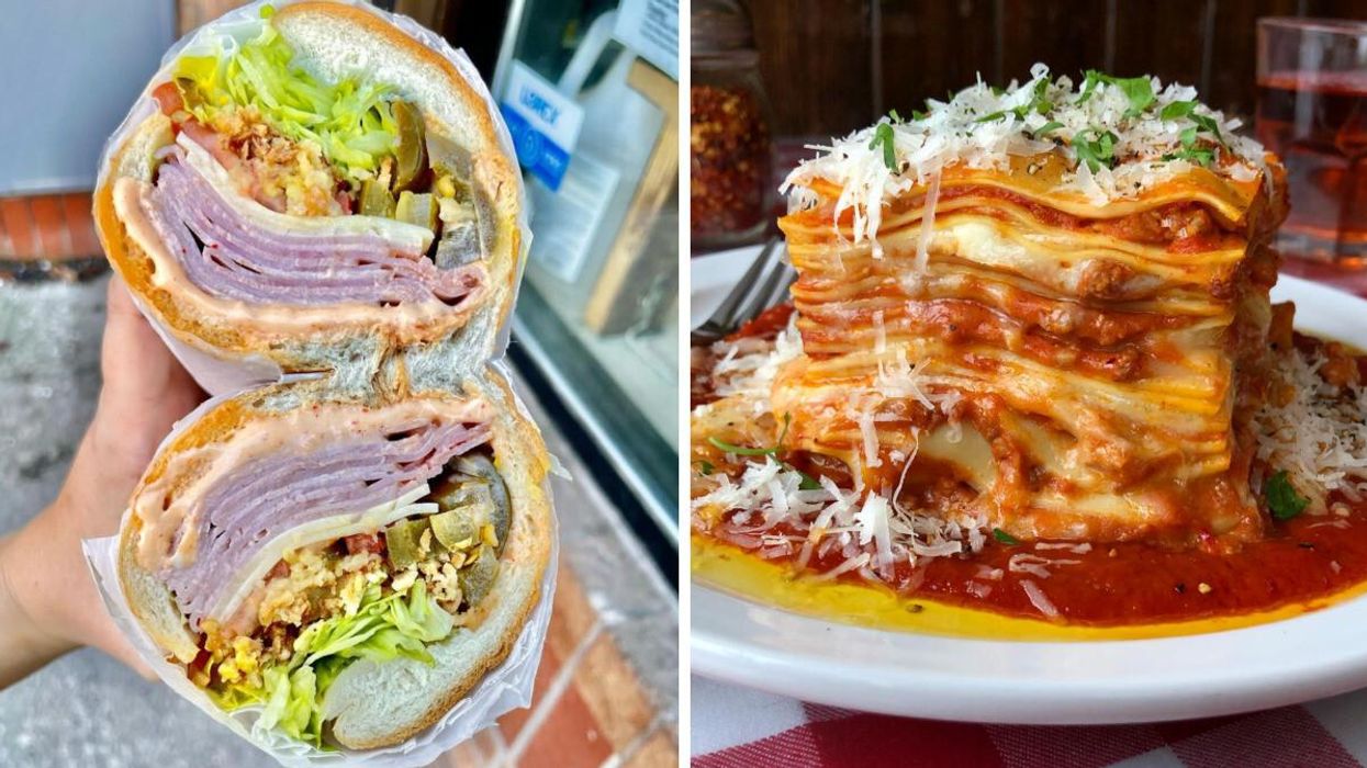 Ham sandwich cut in half. Right: Lasagna.