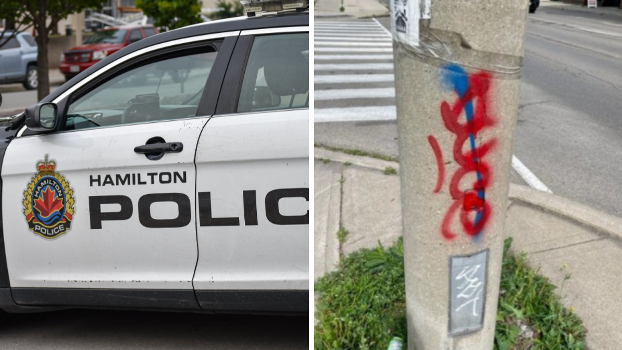 Hamilton Police Service car. Right: The graffiti.