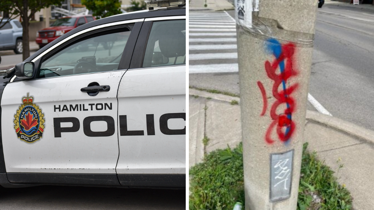 Hamilton Police Service car. Right: The graffiti.