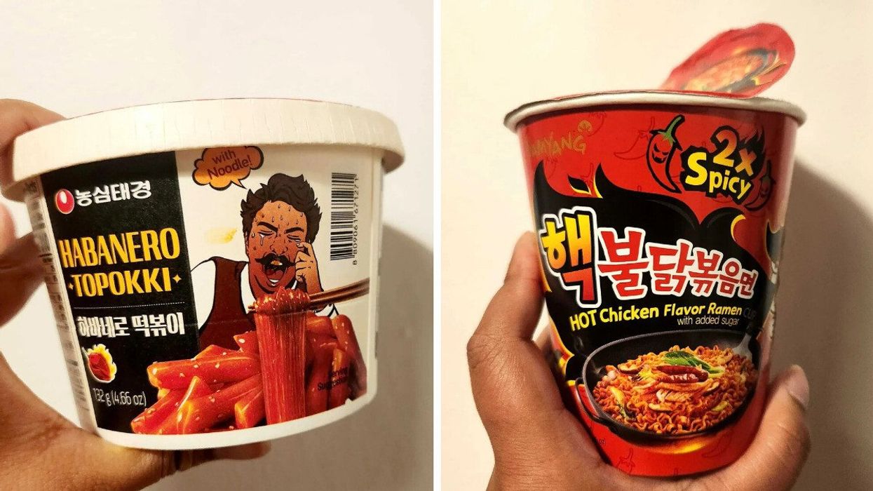Hanbanero Topokki instand noodles. Right: Buldak Hot Chicken Flavour Ramen, 2x spicy.