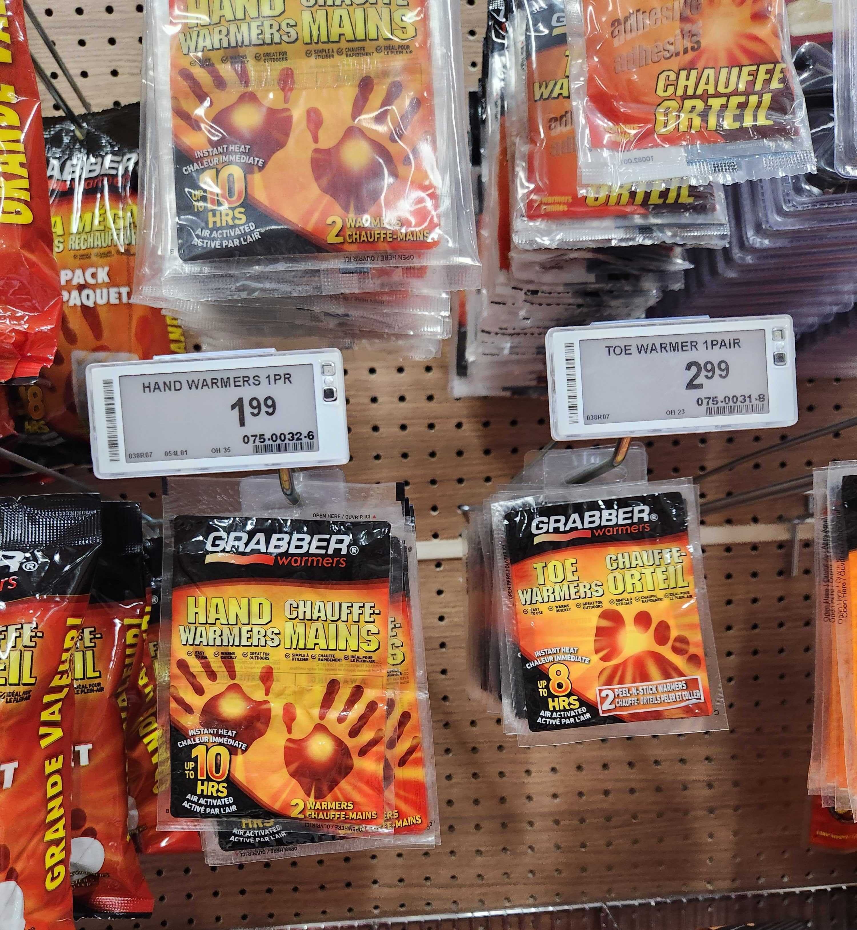 Hand and toe warmers at Canadian Tire.