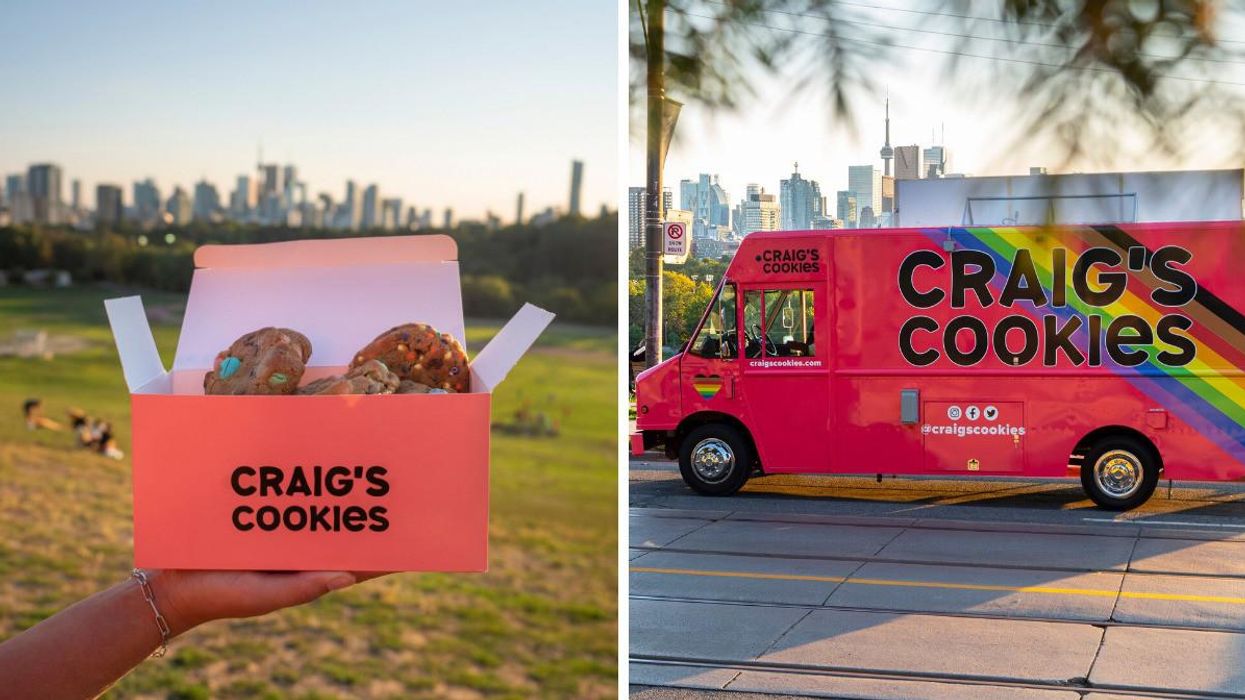 Hand holding a box of cookies in Toronto, Ontario. Right: Craig's Cookies food truck.