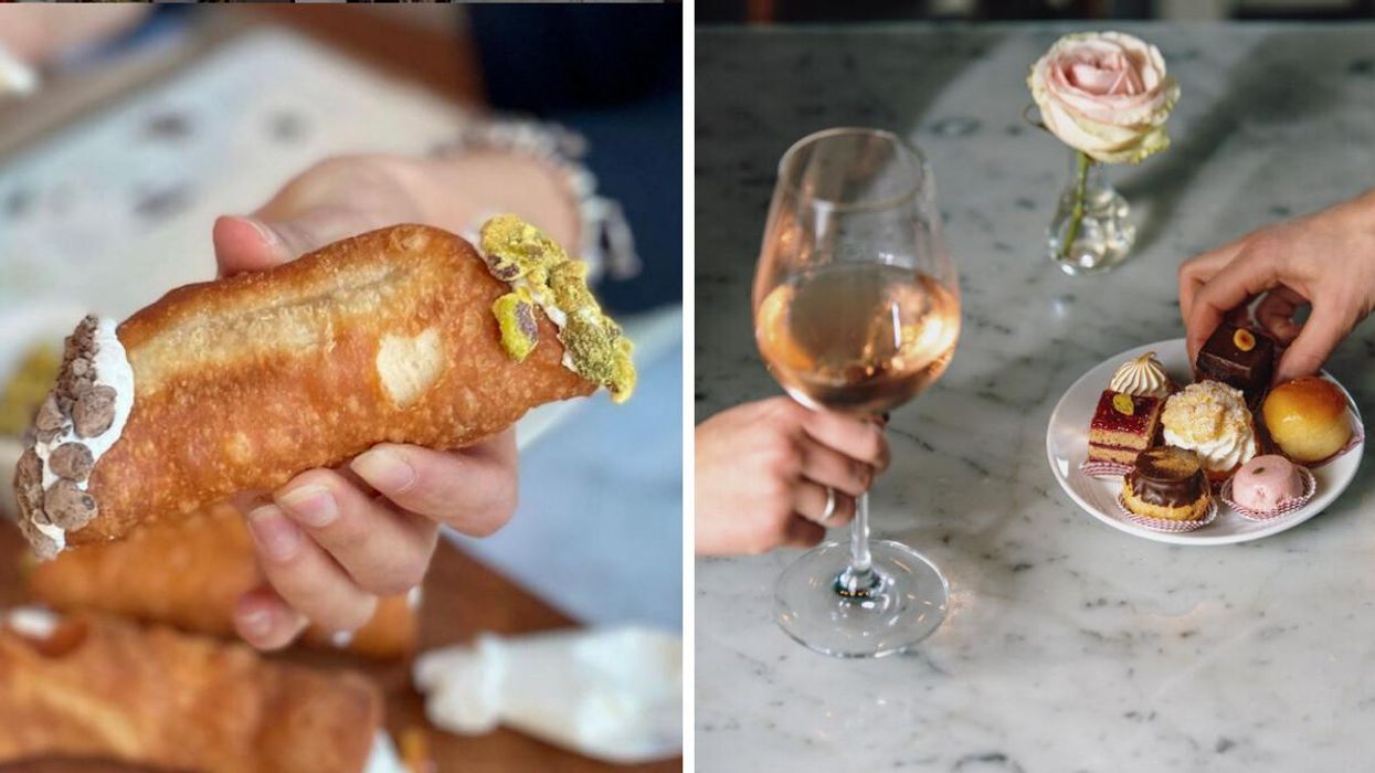 Hand holding a cannoli. Right: Glass of wine and plate of desserts.