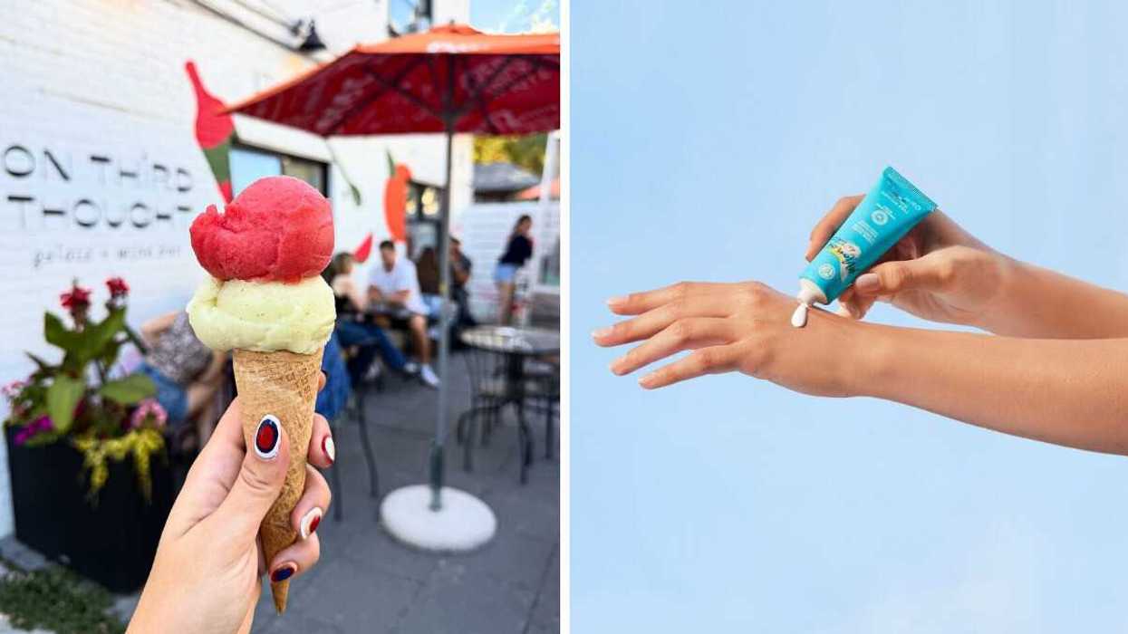 Hand holding a double-scoop gelato cone outside an ice cream shop patio. Right: Person applying moisturizing hand cream from a skincare tube.