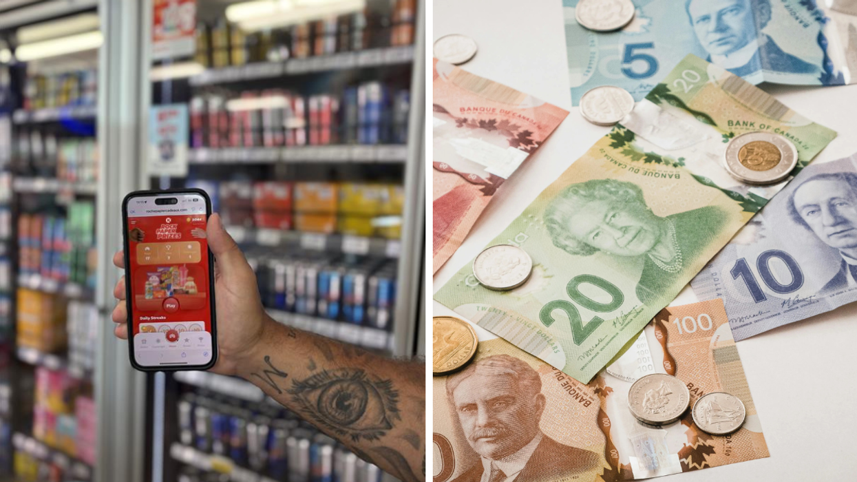 Hand holding a phone displaying a Play Rock Paper Prizes game inside a Circle K store. Right: Canadian bills and coins spread out on a white surface