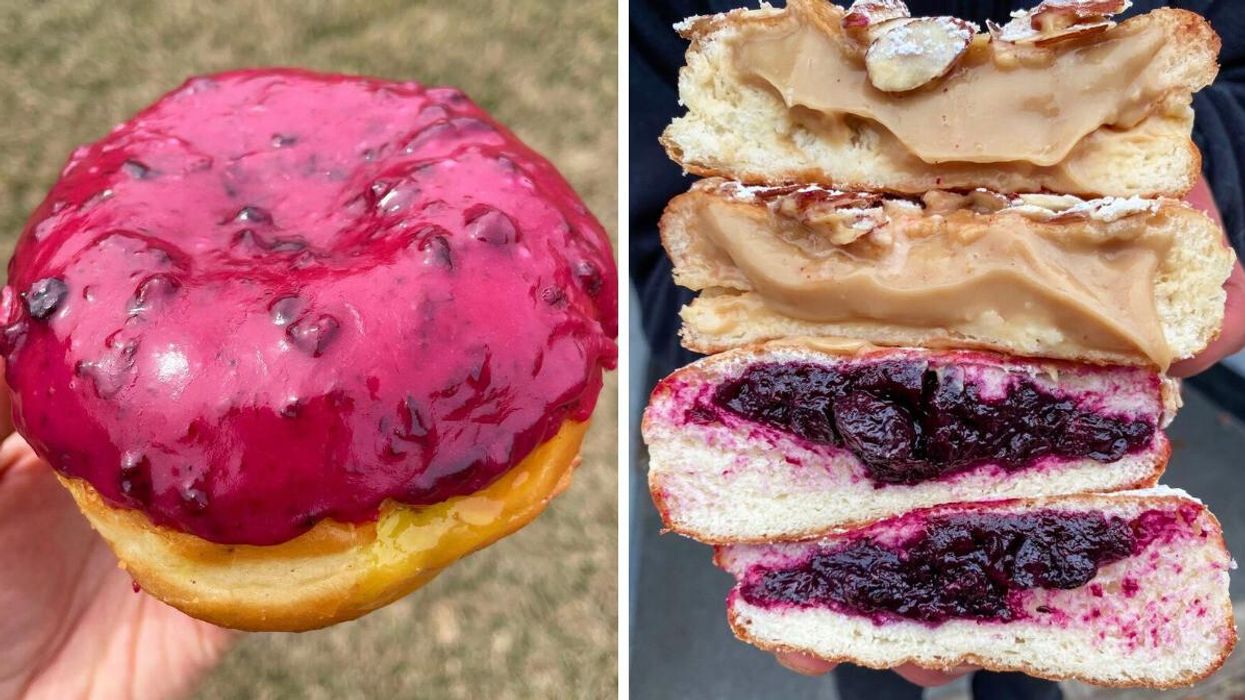 Hand holding a pink-glazed donut. Right: Two donuts split open with filling.