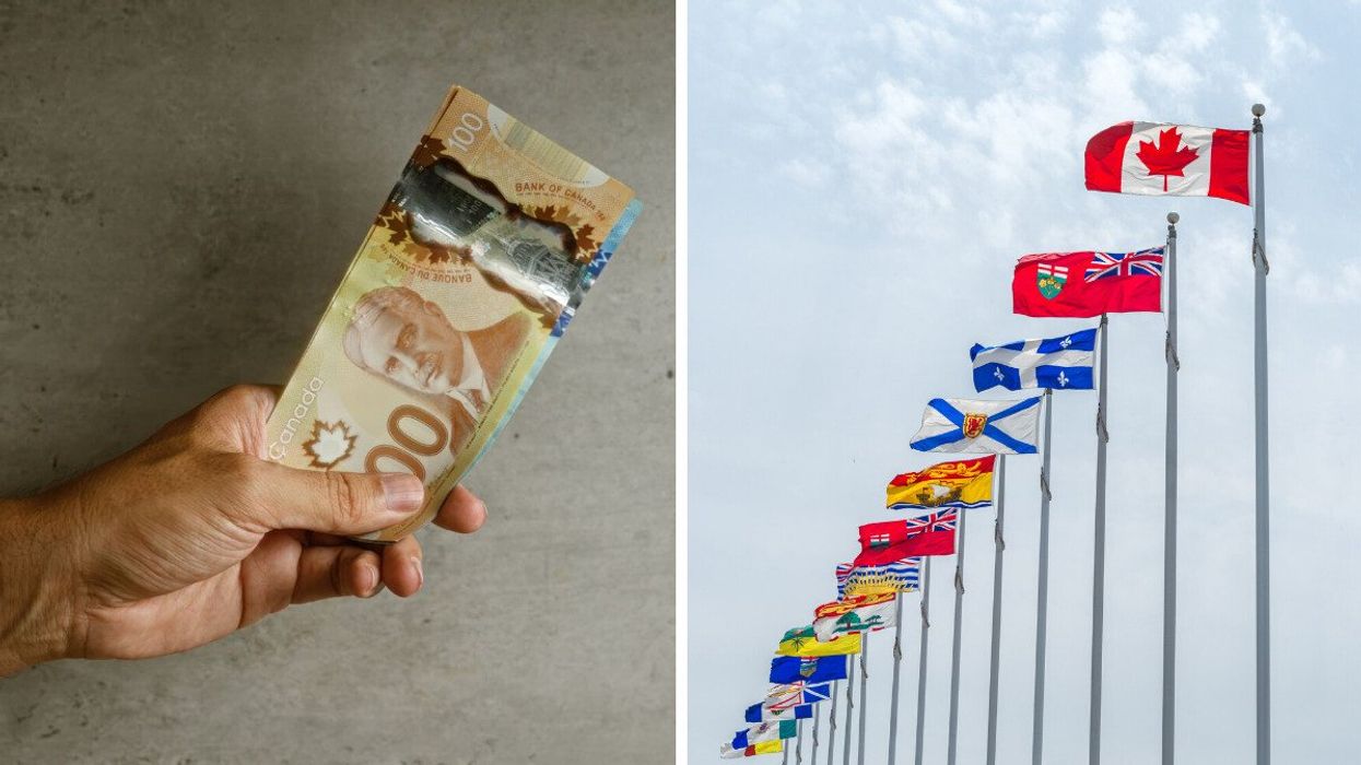 Hand holding Canadian money. Right: Provincial and territorial flags of Canada.