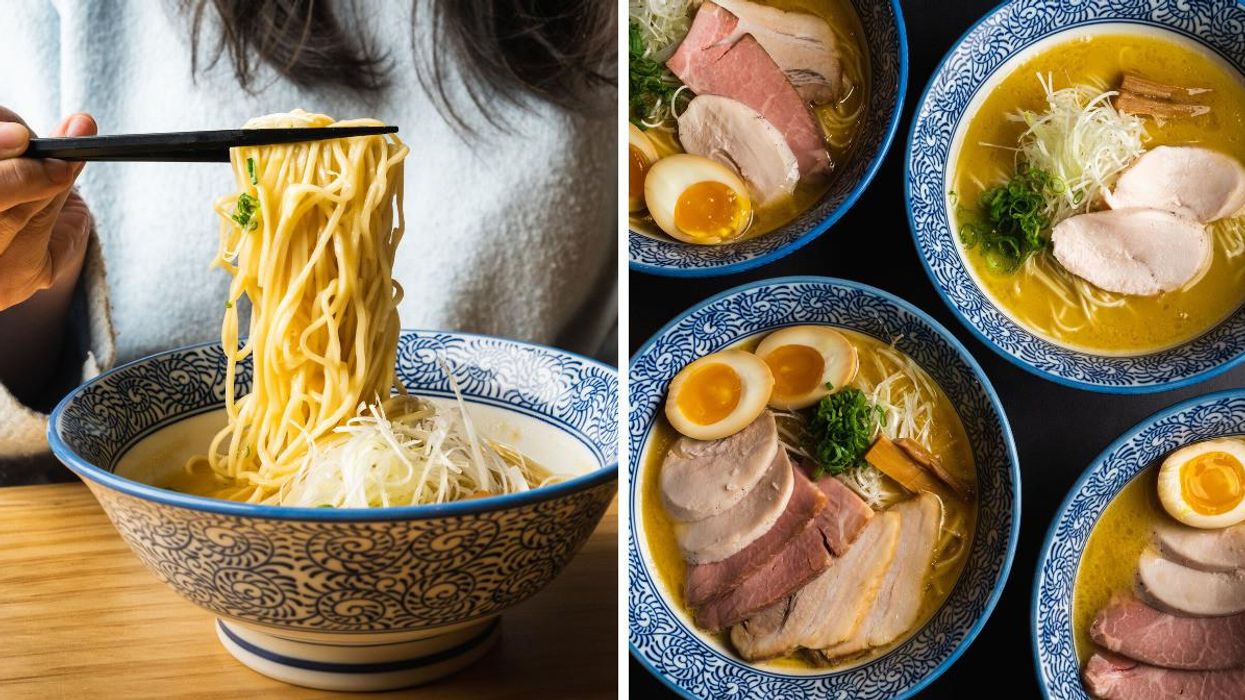 Hand with chopsticks picking up ramen noodles. Right: Four ramen dishes.