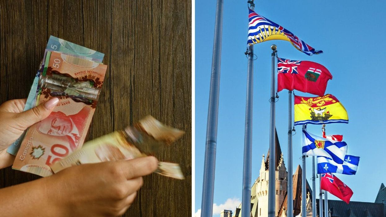 Hands counting Canadian money. Right: Provincial flags of Canada.