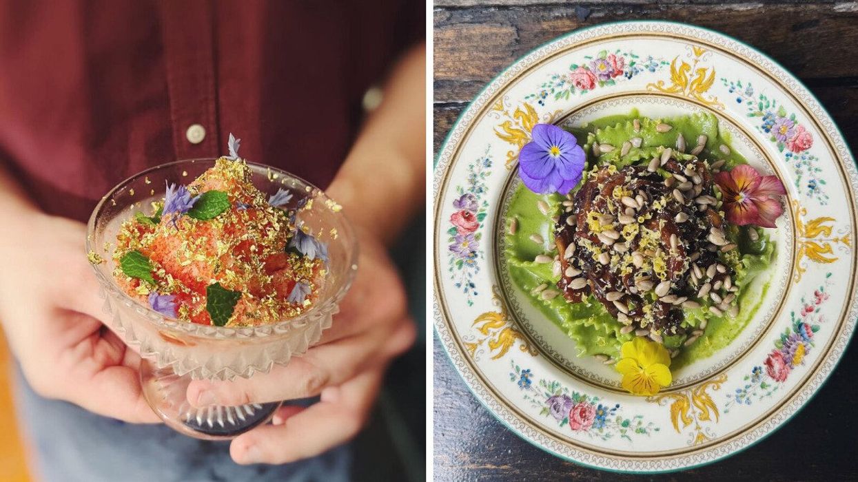 Hands holding a dessert. Right: A colourful dish at a restaurant.
