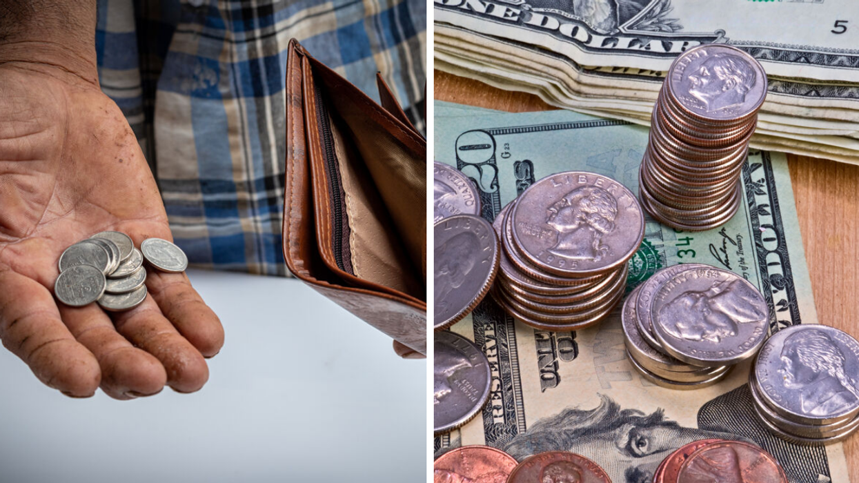 Hands holding a wallet and American coins. Right: American coins and paper bills.