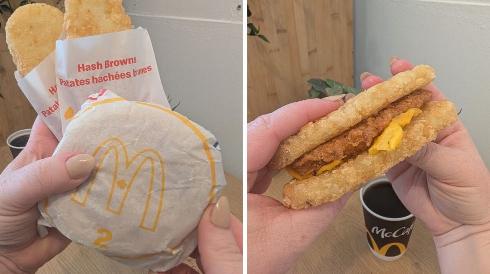 Hands holding a wrapped McDonald's breakfast sandwich and two Hash Browns. Right: Hands holding two McDonald's Hash Browns with a chicken patty and cheese sandwiched between them. 