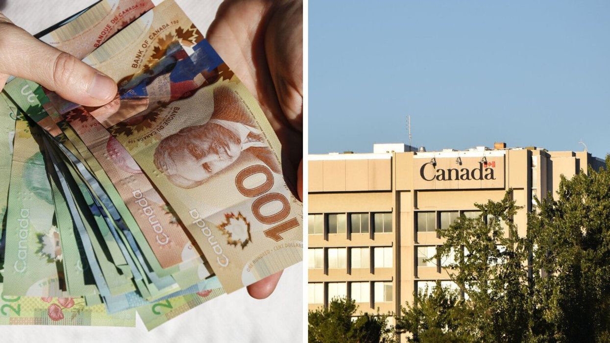 Hands holding Canadian money. Right: Canada Revenue Agency office building in Ottawa.