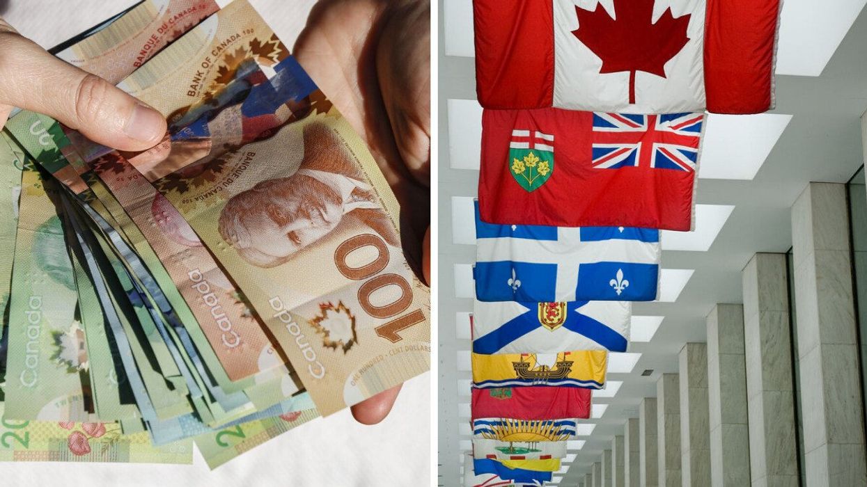 Hands holding Canadian money. Right: Provincial flags of Canada.
