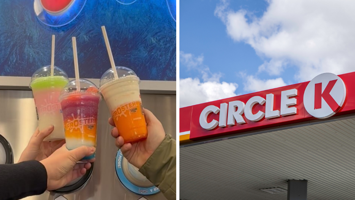 Hands holding colourful Froster drinks in front of the Froster machine at Circle K. Right: Circle K storefront with red and white signage under a blue sky with clouds.
