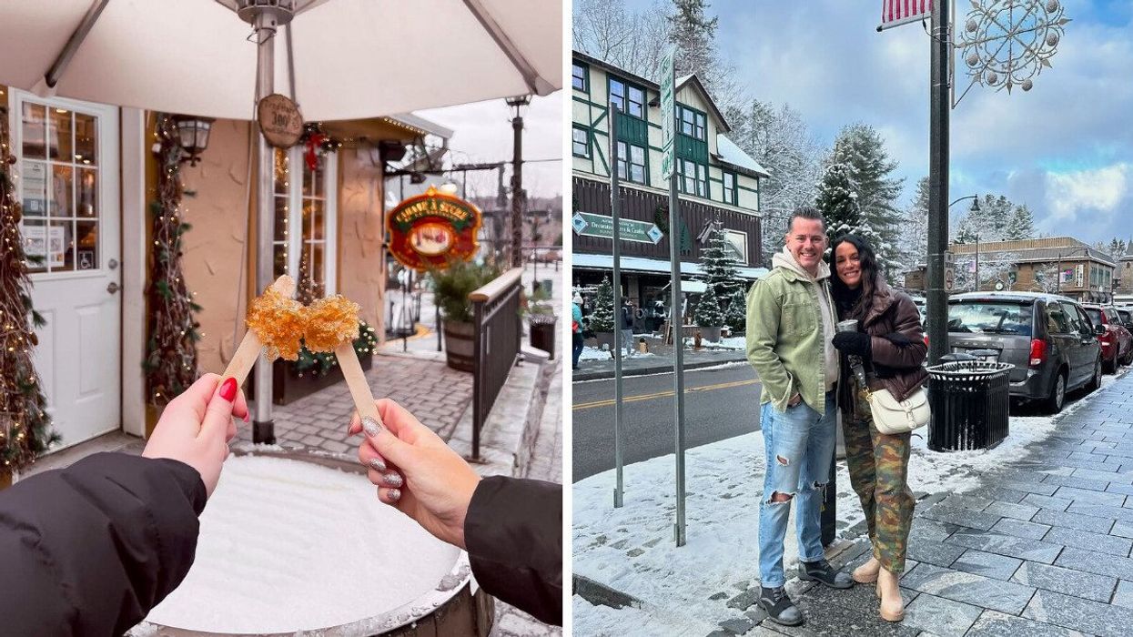 Hands holding maple taffy. Right: Two people standing on a street.