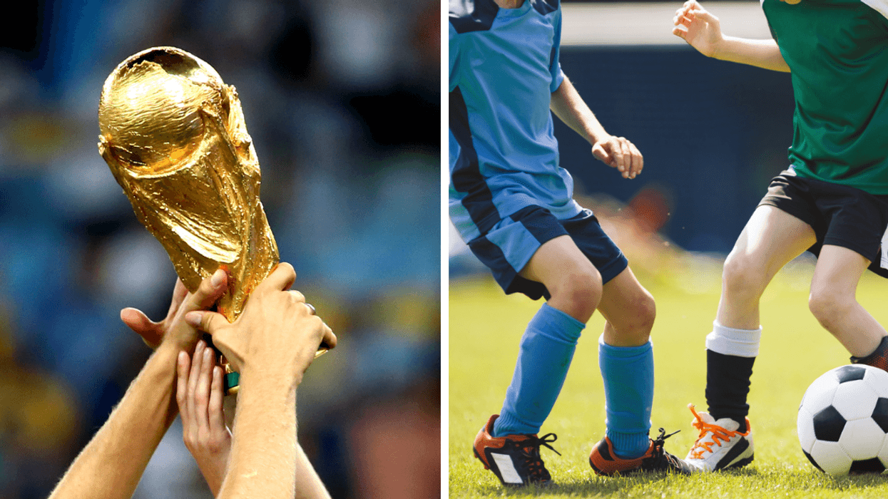Hands raise the FIFA World Cup. Right: Kids kicking a soccer ball. 