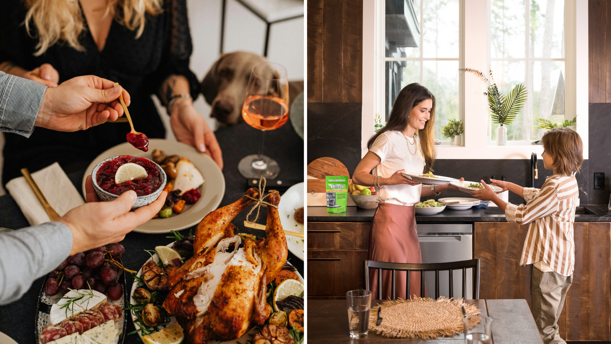 Hands serving a holiday meal with roasted turkey, sides, cranberry sauce, and wine on a dining table., Right: Mom and child plating food together in a bright kitchen, with a meal setup on the counter and table nearby.