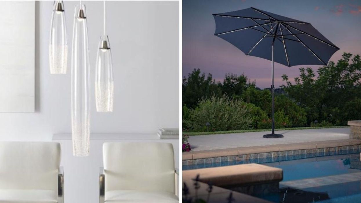 Hanging pendant lights. Right: An outdoor umbrella.