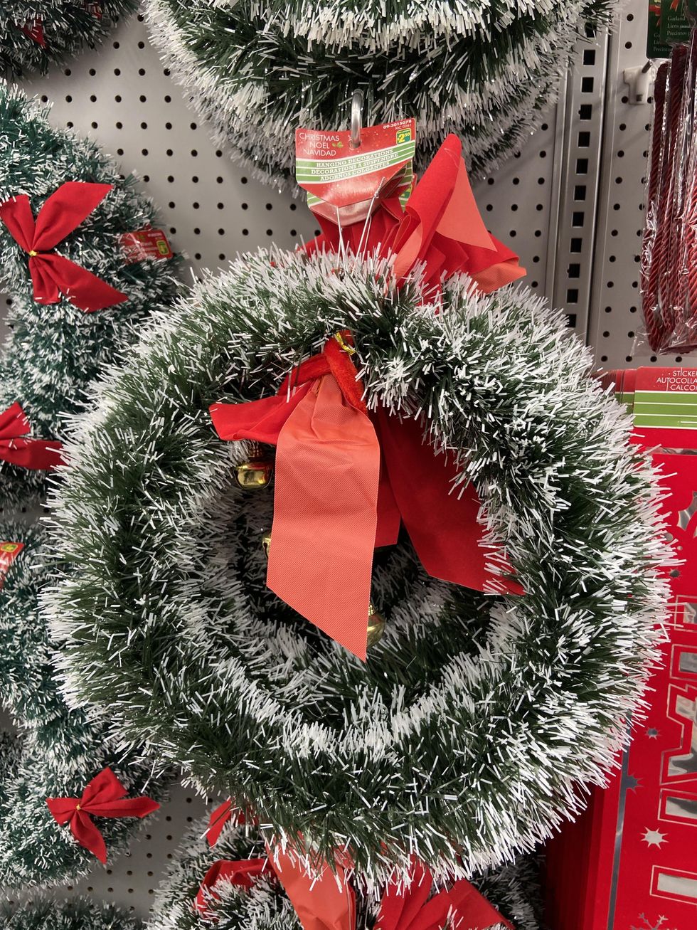 Hanging wreath with a bow from Dollarama.