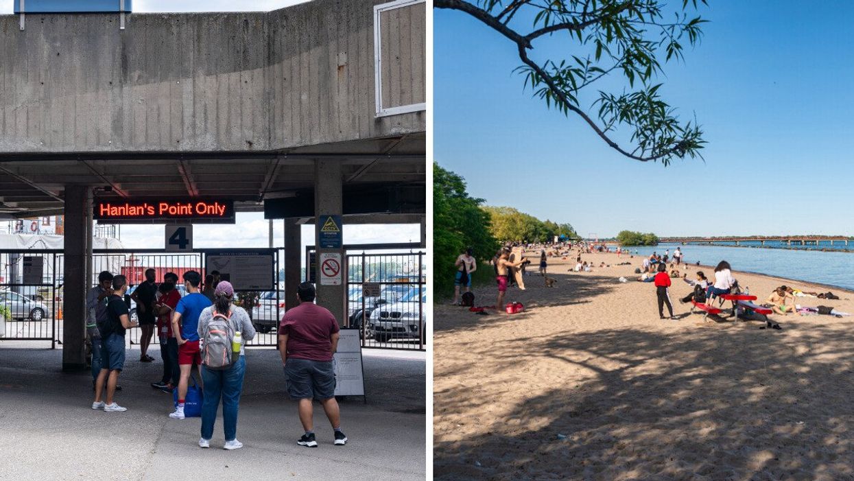 Hanlan's Point ferry queue. Right: Toronto Islands.