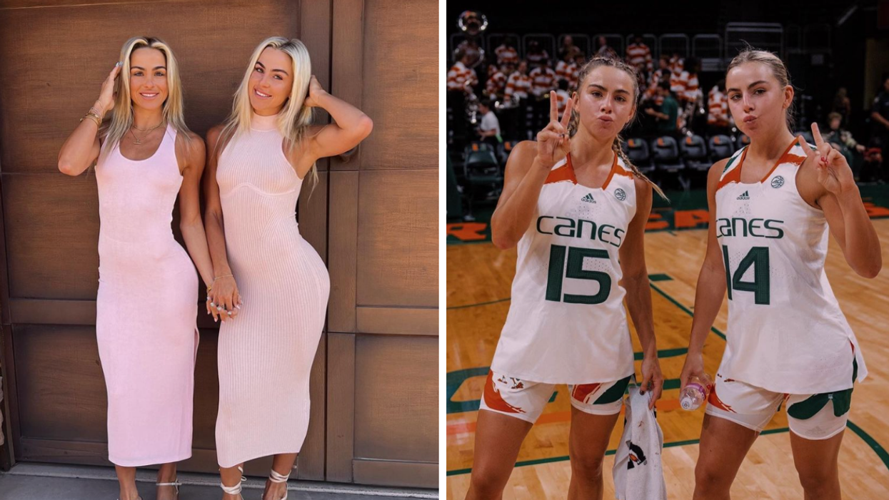 Hanna and Haley Cavinder in pink dresses. Right: Hanna and Haley Cavinder in Miami Hurricanes Uniform.
