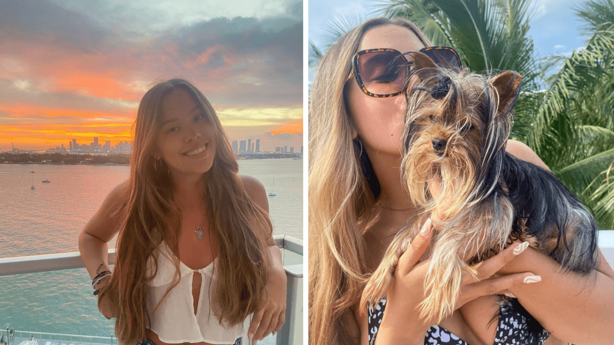 Hannah Gosselin in front of a skyline. Right: Hannah Gosselin with her dog.