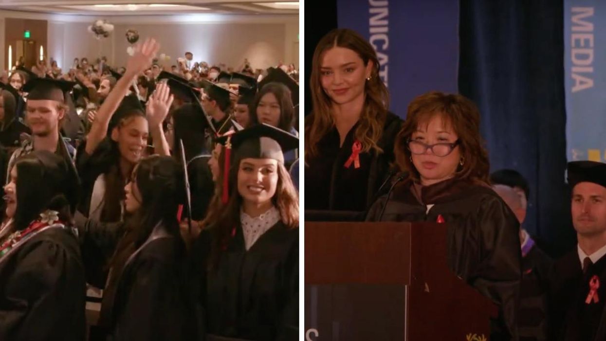 Happy students celebrating. Right: Evan Spiegel and Miranda Kerr at the graduation ceremony.
