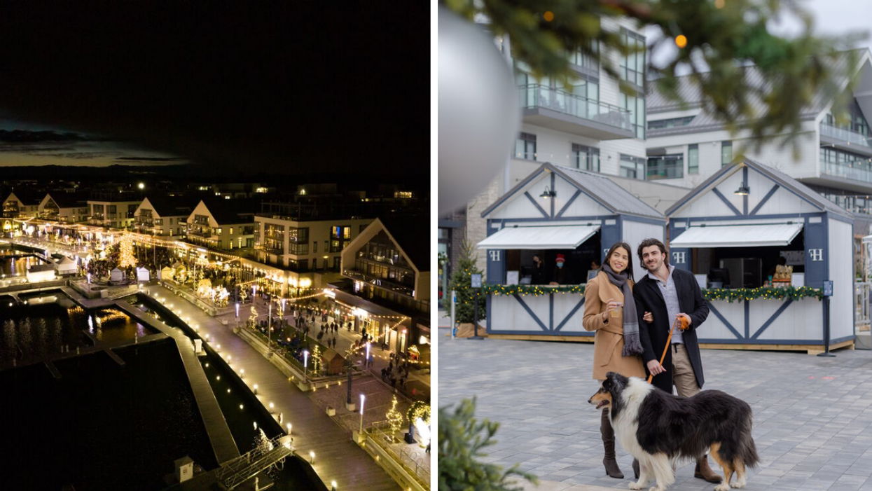 Harbour covered in holiday lights. Right: Couple in front of Christmas market booths.