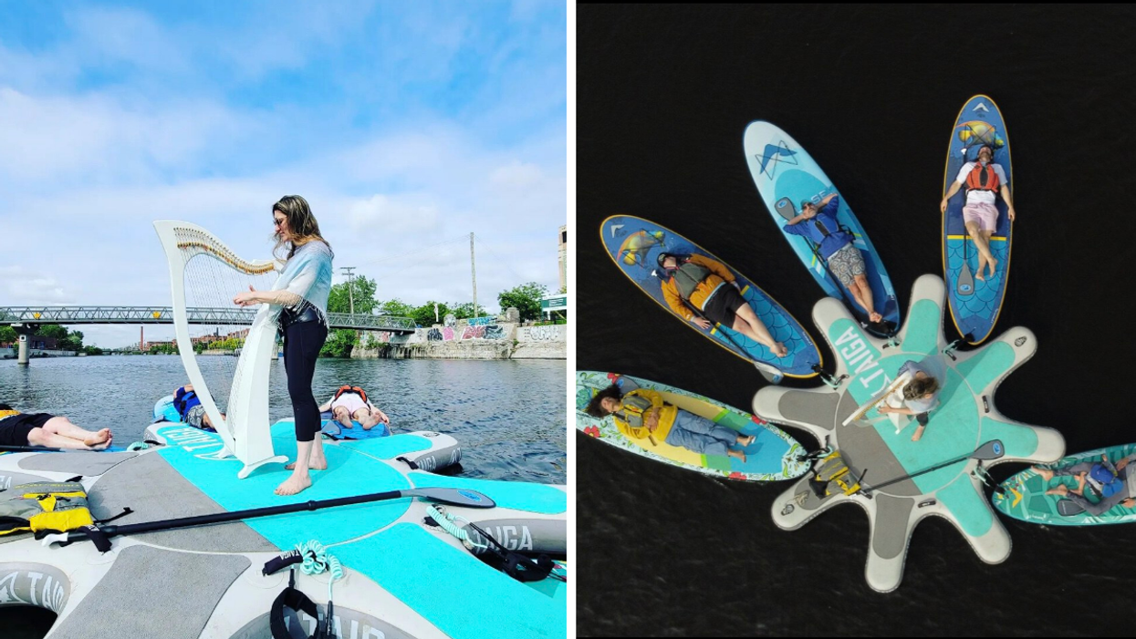 Harpiste sur le canal Lachine. Droite : Paddle boards et harpiste.