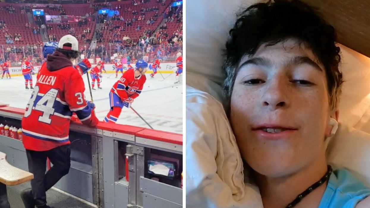 Harrison Gilks at a Montreal Canadiens game. Right: Harrison Gilks vlogging.