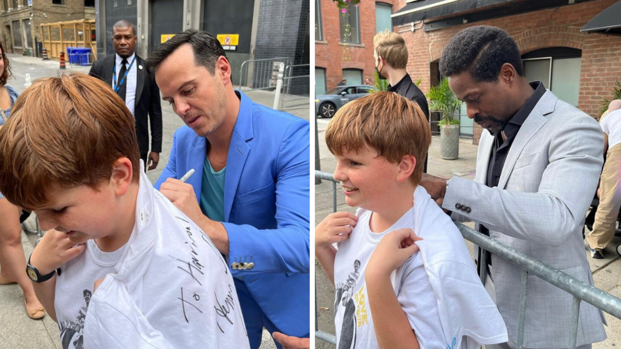Harrison with Andrew Scott. Right: Harrison with Sterling Brown.
