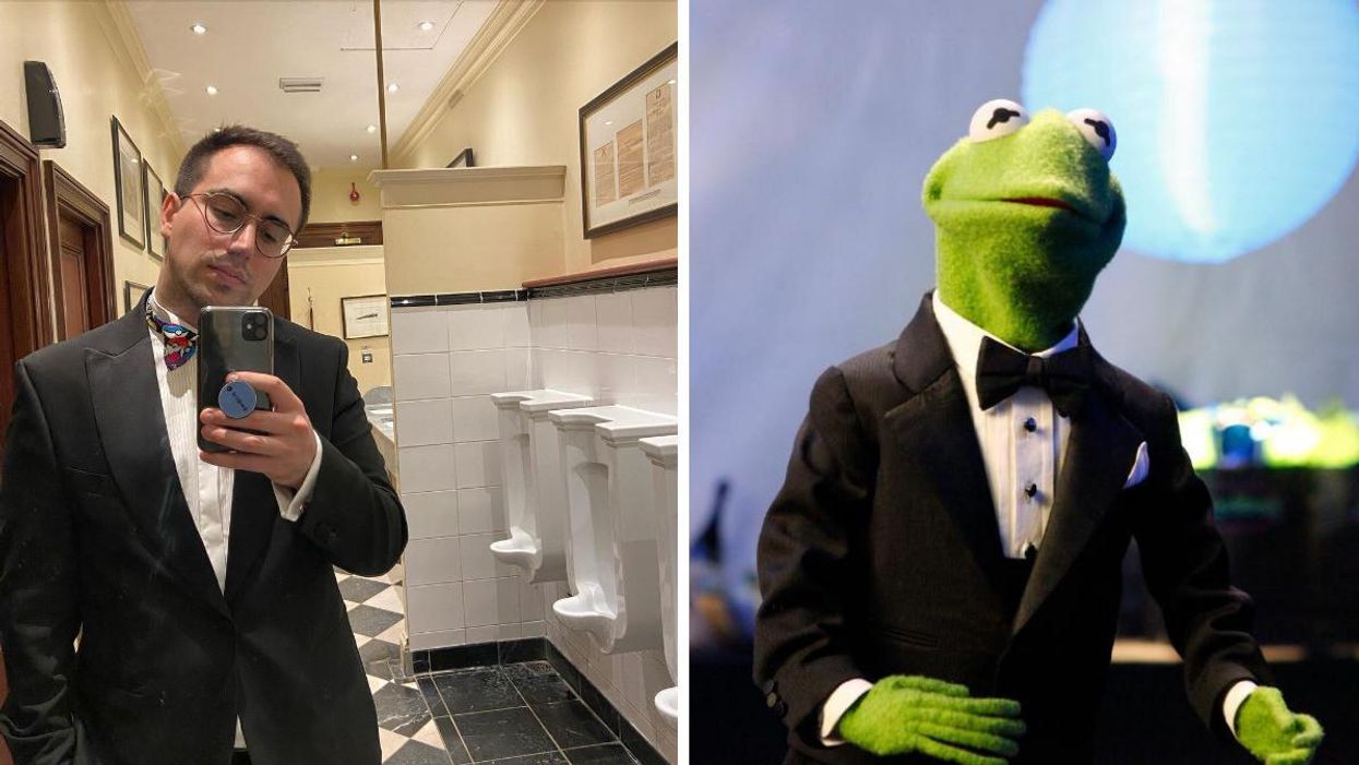 Harry Kersh. Right: Kermit the Frog in a tuxedo.