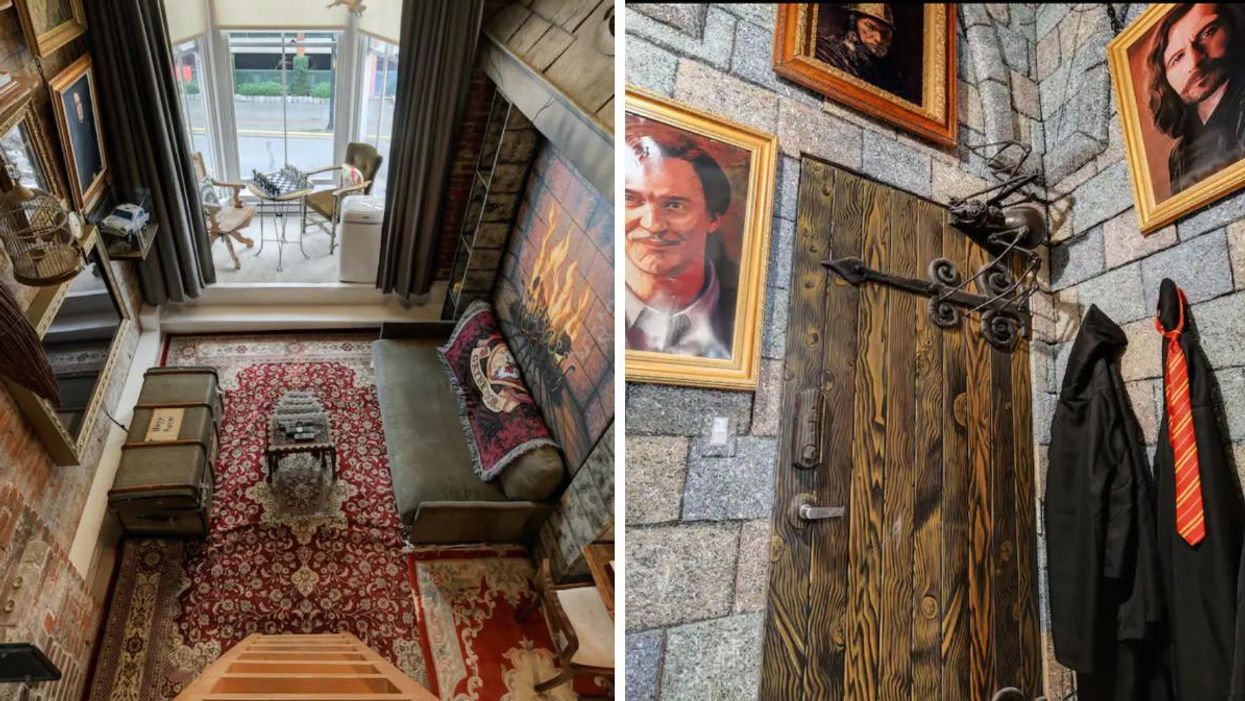 Harry Potter-themed living space. Right: Harry Potter pictures, doorway and robes.