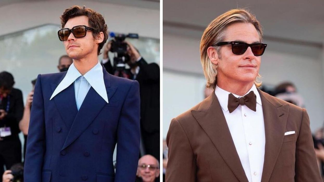 Harry Styles at the premiere of "Don't Worry Darling." Right: Chris Pine.