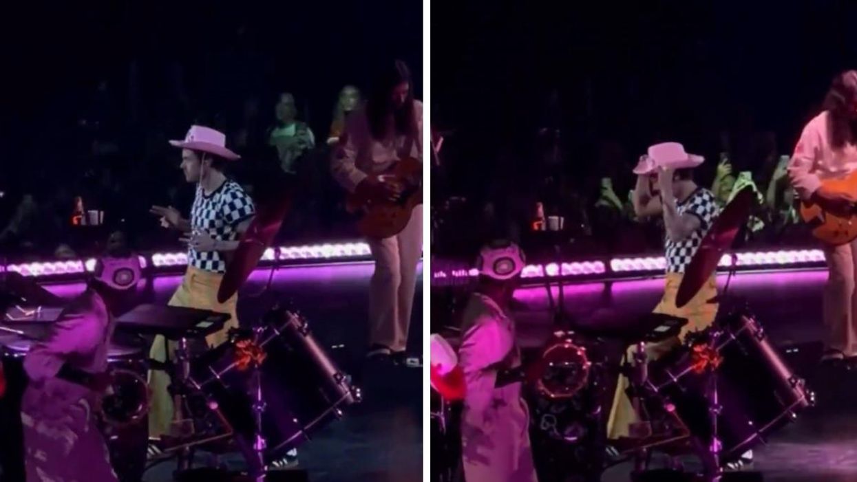 Harry Styles doing "finger guns" during a concert in Austin. Right: Harry Styles holding a cowboy hat during a concert in Austin.