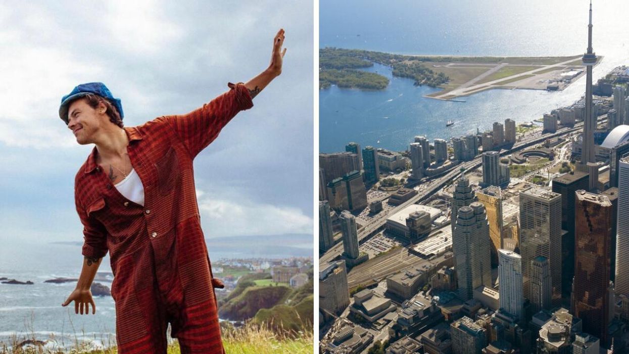 Harry Styles in a red outfit by the water. Right: City of Toronto.