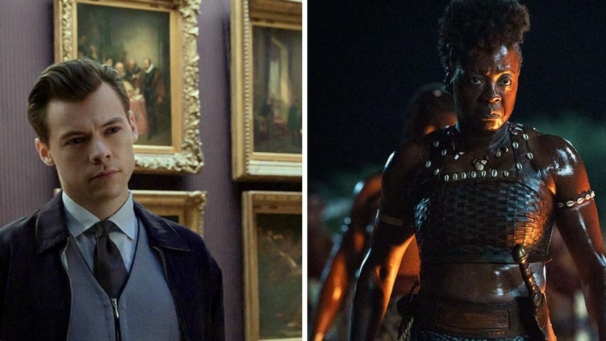 Harry Styles in "My Policeman." Right: Viola Davis in "The Woman King"