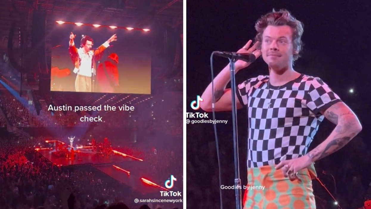 Harry Styles performing at Moody Center in Austin, TX. Right: Styles performing in Austin, TX.