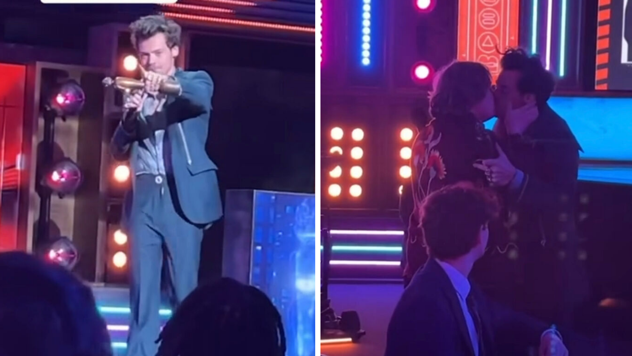Harry Styles pointing at Lewis Capaldi. Right: Harry Styles and Lewis Capaldi kiss.