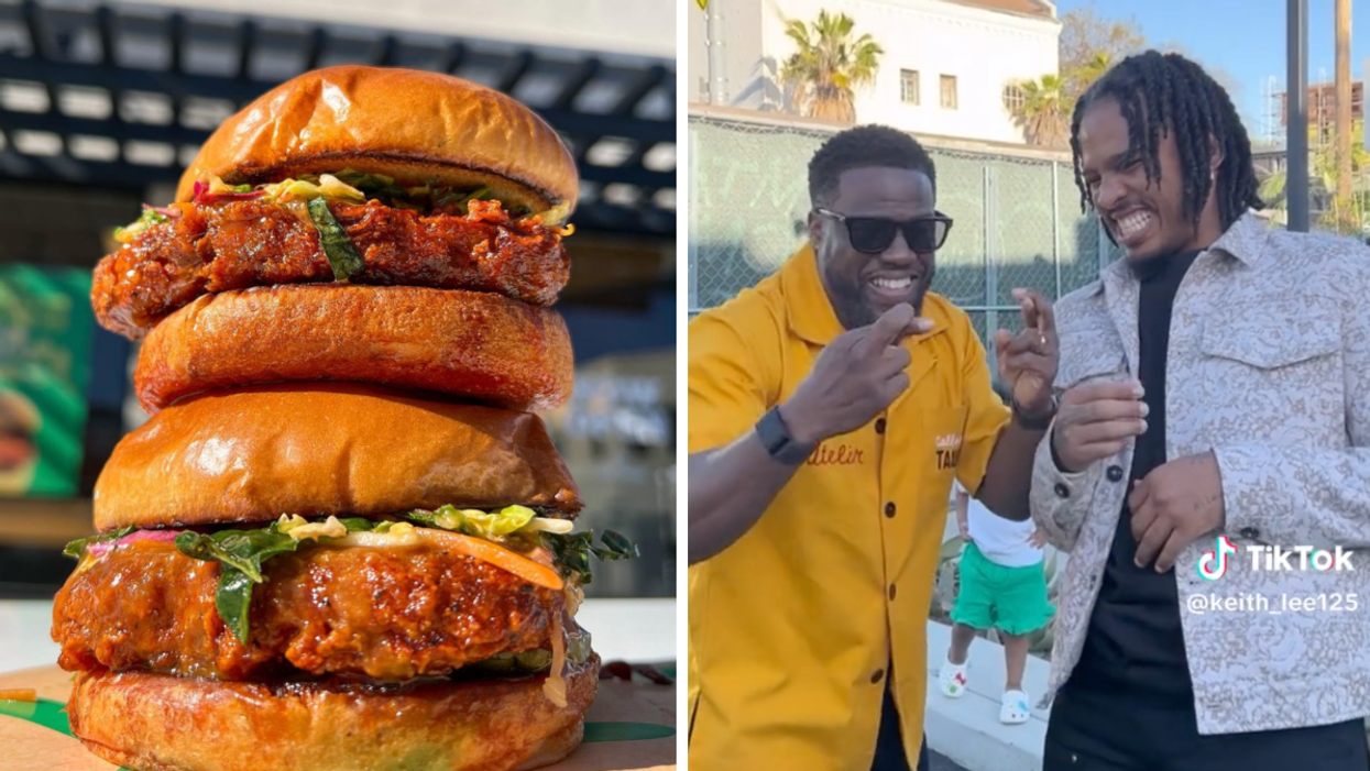 Hart House's Vegan Chicken sandwich. Right: Kevin Hart and Keith Lee.