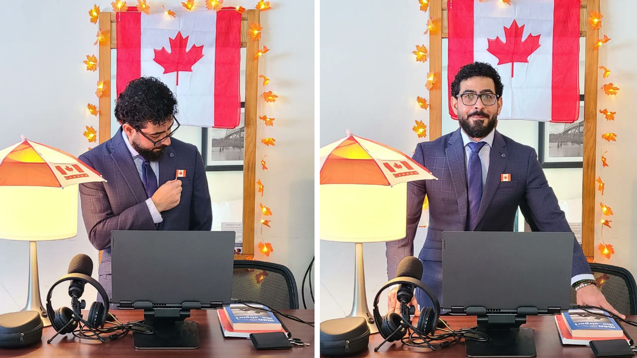 Hassan Al Kontar poses with the Canadian flag.